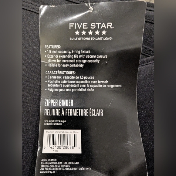 Five Star 1-1/2" Zipper Binder with Pocket - Black New With Tags - Picture 6 of 9